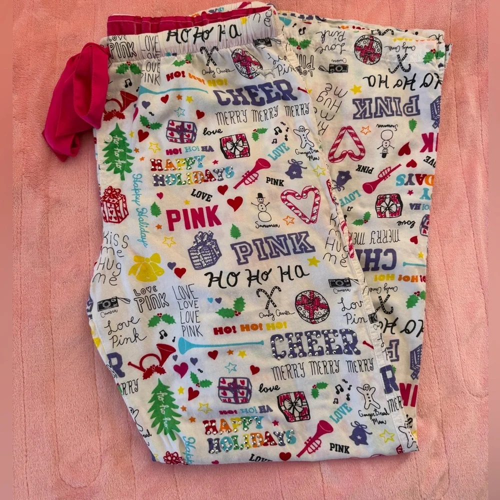 VICTORIA’S SECRET PINK Holiday Winter PJ’s / LOUNGE pants size medium CHEER - Picture 3 of 11